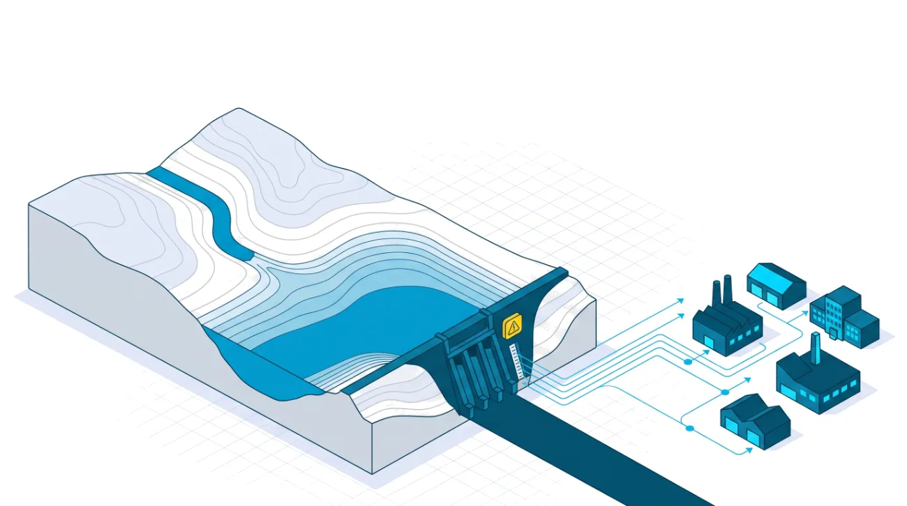 Diagrama: una cuenca con su embalse alimentando industrias